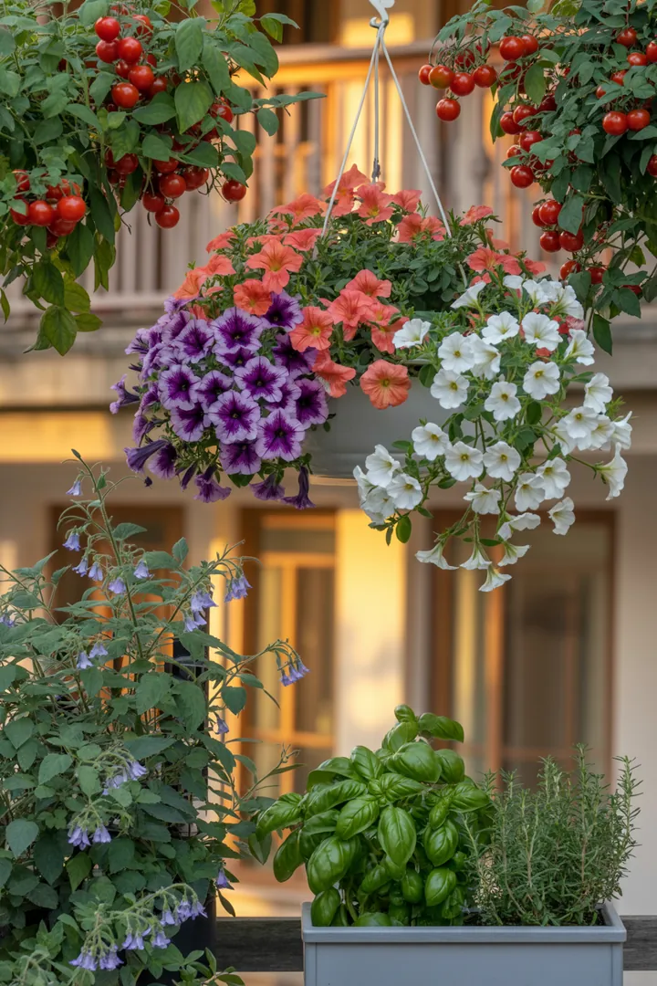 Bunte Mischung aus verschiedenen Pflanzen in einem dekorativen Blumenkasten: aromatische Gewächse, kompakte Obstsorten, saftige Beeren und hängende Blüten in einem Ampeltopf.