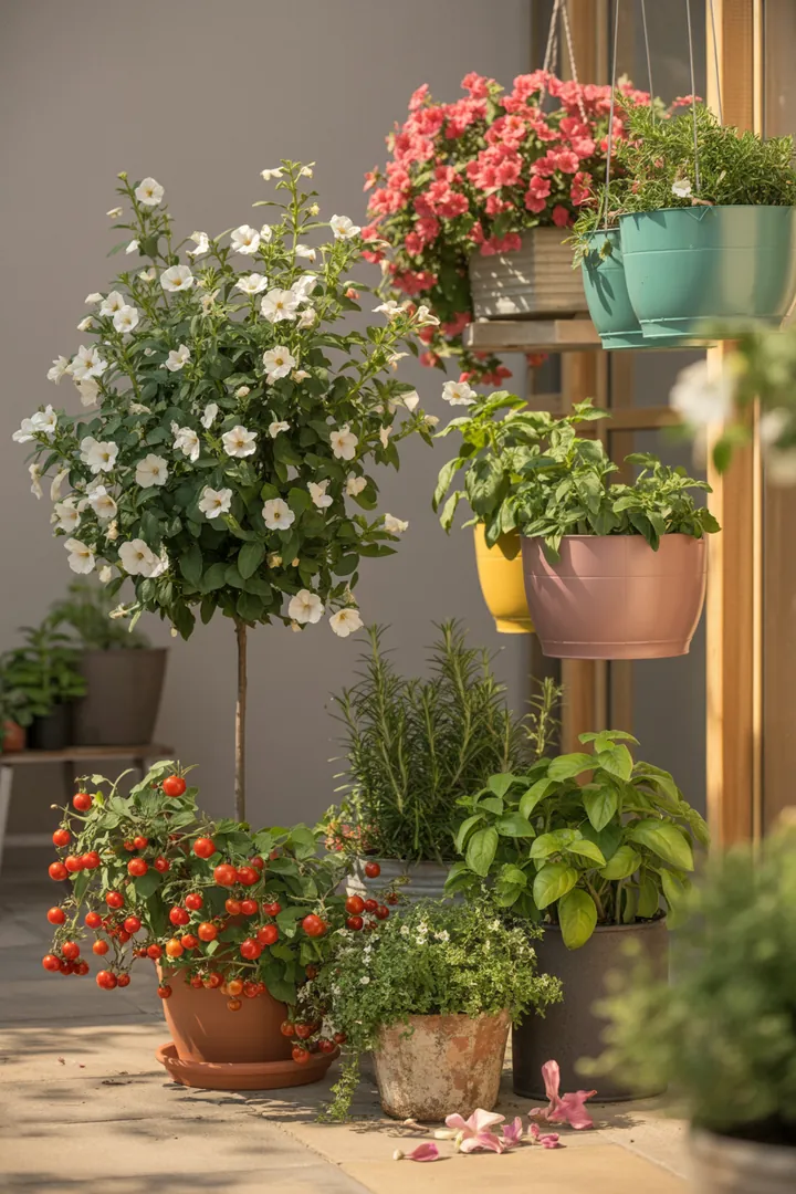 Bunte Gartenlandschaft mit verschiedenen Pflanzen: aromatische Gewächse, schmalwüchsige Obstbäume, saftige Beeren, kleine Tomaten und blühende Hängepflanzen in attraktiver Behältergestaltung.