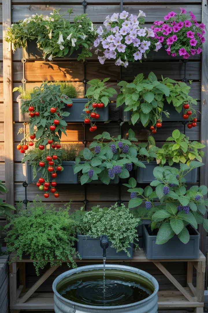 Bunt bepflanzte Gartenlandschaft mit verschiedenen Pflanzen wie Säulenobst, Heidelbeeren und Zwergtomaten in einem Ampeltopf und Blumenkasten, kombiniert mit Hängepetunien und frischen Kräutern.