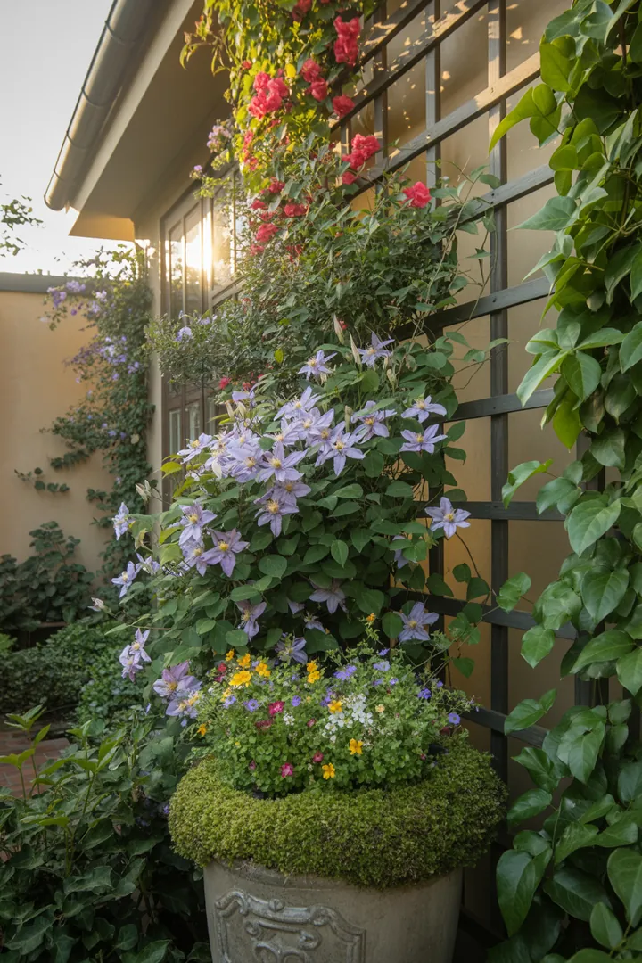 Bunte Kletterpflanzen, darunter Clematis, Kletterrose und Geißblatt, wachsen an einem Rankgitter, umgeben von Efeu und Wilder Wein in einem dekorativen Pflanzkübel.