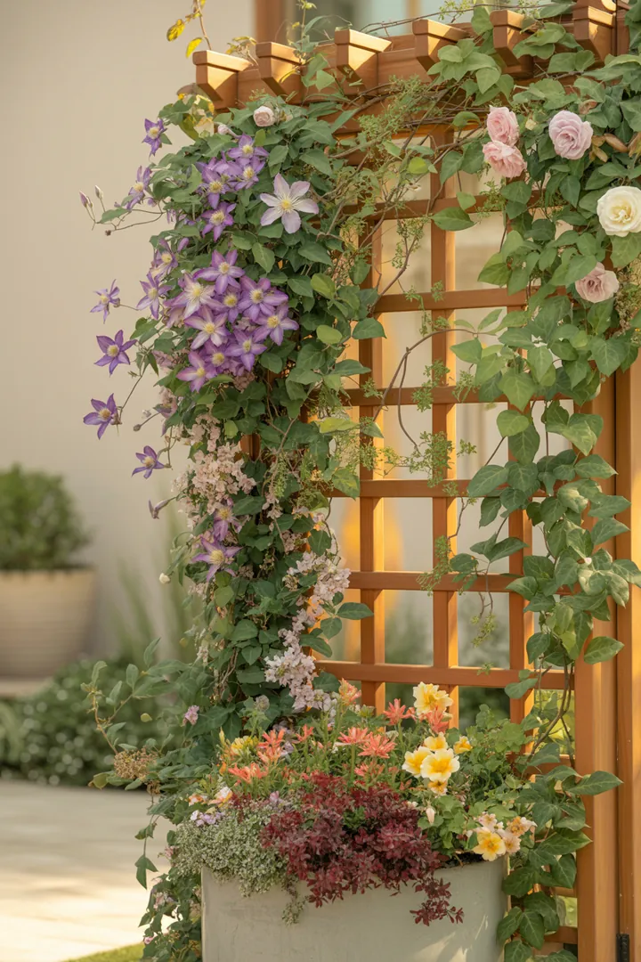 Bunt bewachsene Rankgitter mit Clematis, Kletterrose und Efeu, umgeben von Wilder Wein und Geißblatt in dekorativen Pflanzkübeln.