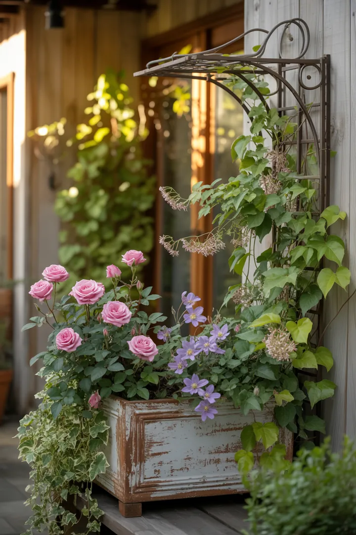Bunte Kletterpflanzen wie Clematis und Kletterrose ranken an einem dekorativen Rankgitter, umgeben von Efeu, wildem Wein und Geißblatt in einem stilvollen Pflanzkübel.