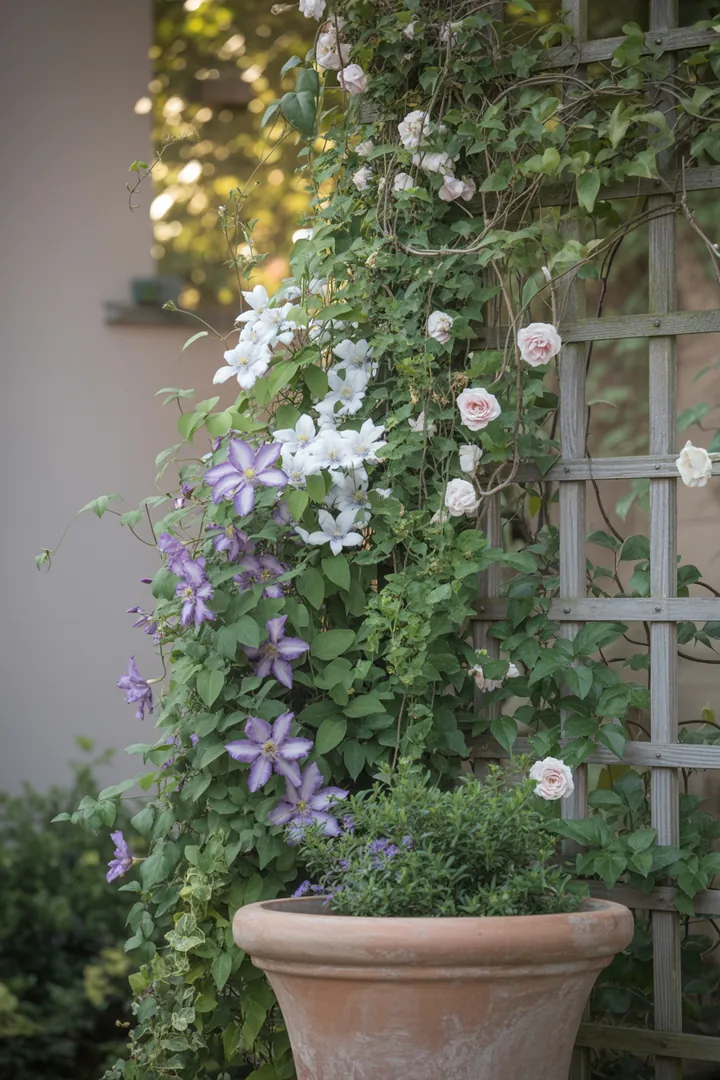 Bunt blühende Pflanzen wie Clematis, Kletterrose und Geißblatt umhüllen ein dekoratives Rankgitter, während Efeu und Wilder Wein einen grünen Hintergrund bilden.