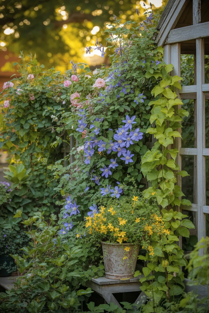 Bunt blühende Kletterpflanzen und grüne Ranken harmonieren an einem dekorativen Rankgitter, um einen lebendigen Außenbereich zu gestalten.