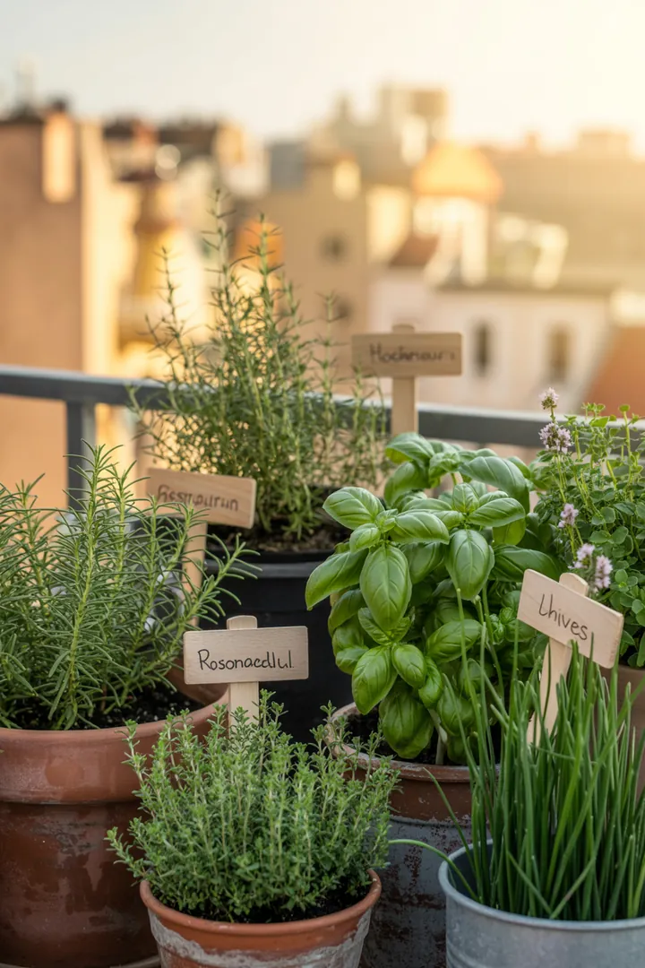 Eine bunte Kräutervielfalt in einem Topf: aromatische Pflanzen wie Basilikum, Rosmarin, Thymian, Schnittlauch, Petersilie und Minze in nährstoffreicher Erde.