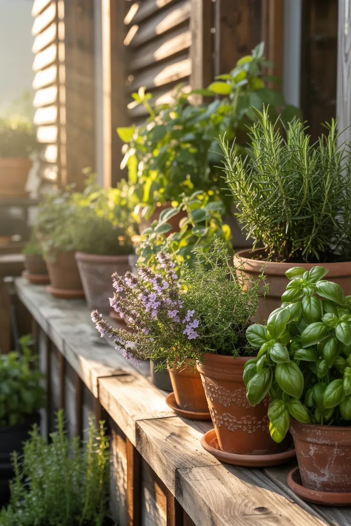 Frisches Kräuterarrangement mit aromatischen Pflanzen wie grüner Minze, duftendem Rosmarin und würzigem Thymian in nährstoffreicher Erde.