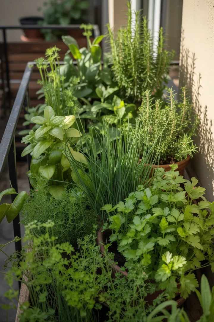 Ein bunter Kräutergarten mit frischen Pflanzen wie duftendem Basilikum, aromatischem Rosmarin und zartem Schnittlauch, umgeben von nährstoffreicher Erde.