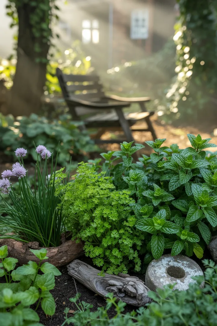 Eine bunte Zusammenstellung von frischen Küchenkräutern in Erde, darunter aromatisches Grün und duftende Pflanzen für vielfältige Gerichte.