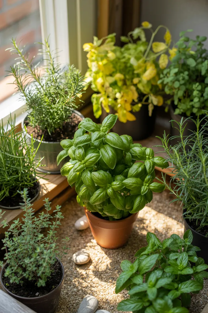 Frische, aromatische Pflanzen in einem Gartenbeet mit verschiedenen Kräutern wie grünem Basilikum, duftendem Rosmarin, würzigem Thymian, Schnittlauch, Petersilie und belebender Minze, umgeben von nährstoffreicher Erde.