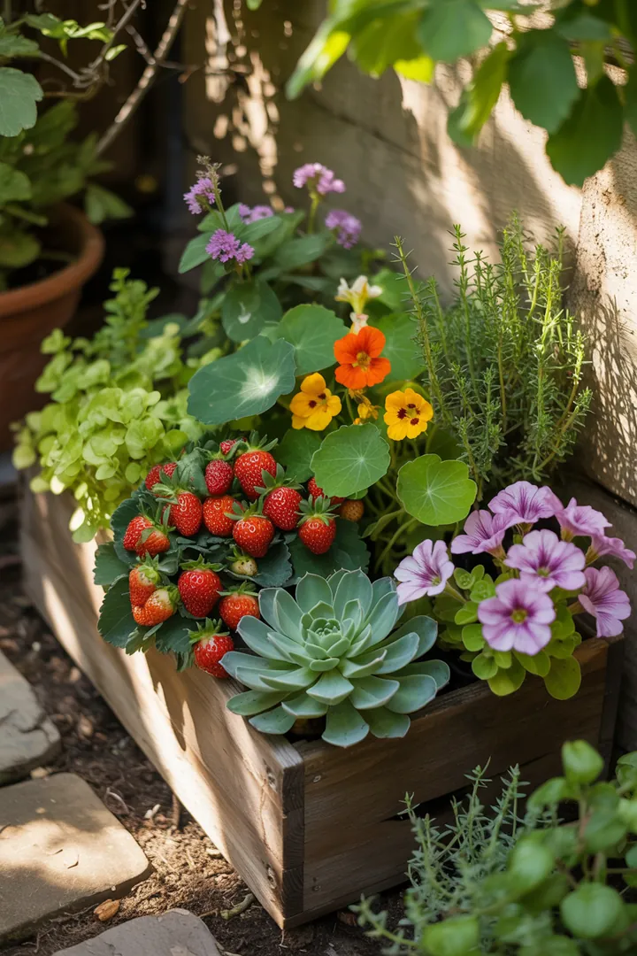 Bunte Gartenarrangement mit frischen Erdbeeren, leuchtender Kapuzinerkresse und duftendem Thymian, umgeben von Sedum und Petunien in nährstoffreicher Pflanzerde und unter einem schützenden Pflanzvlies.