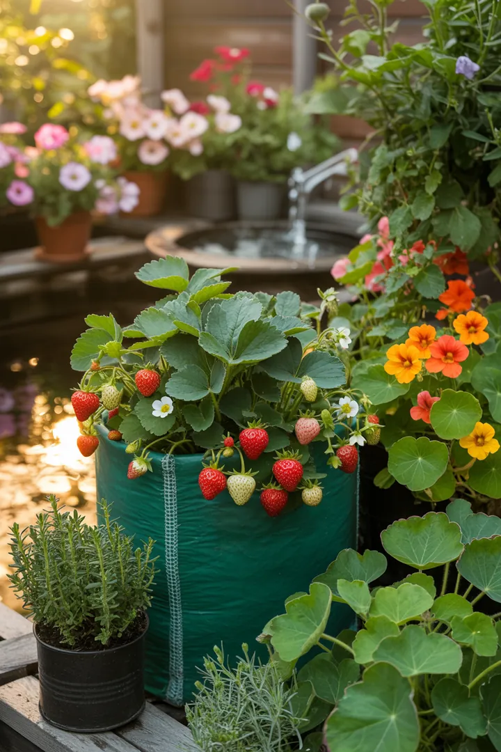 Bunte Gartenansicht mit reifen Früchten, essbaren Blüten, aromatischen Kräutern und pflegeleichten Pflanzen in nährstoffreicher Erde.