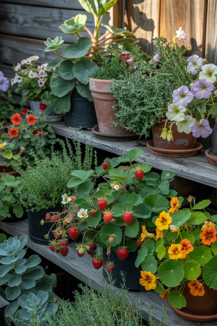 Bunte Gartenlandschaft mit frischen roten Früchten, leuchtenden Blüten und aromatischen Kräutern, umgeben von nützlichem Pflanzmaterial für gesundes Wachstum.