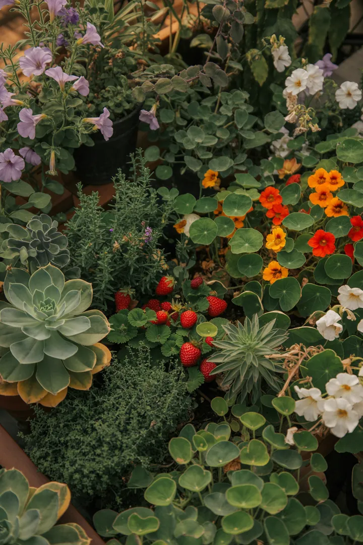 Bunte Gartenkomposition mit saftigen roten Früchten, leuchtenden Blüten und aromatischen Kräutern in einem harmonischen Arrangement.