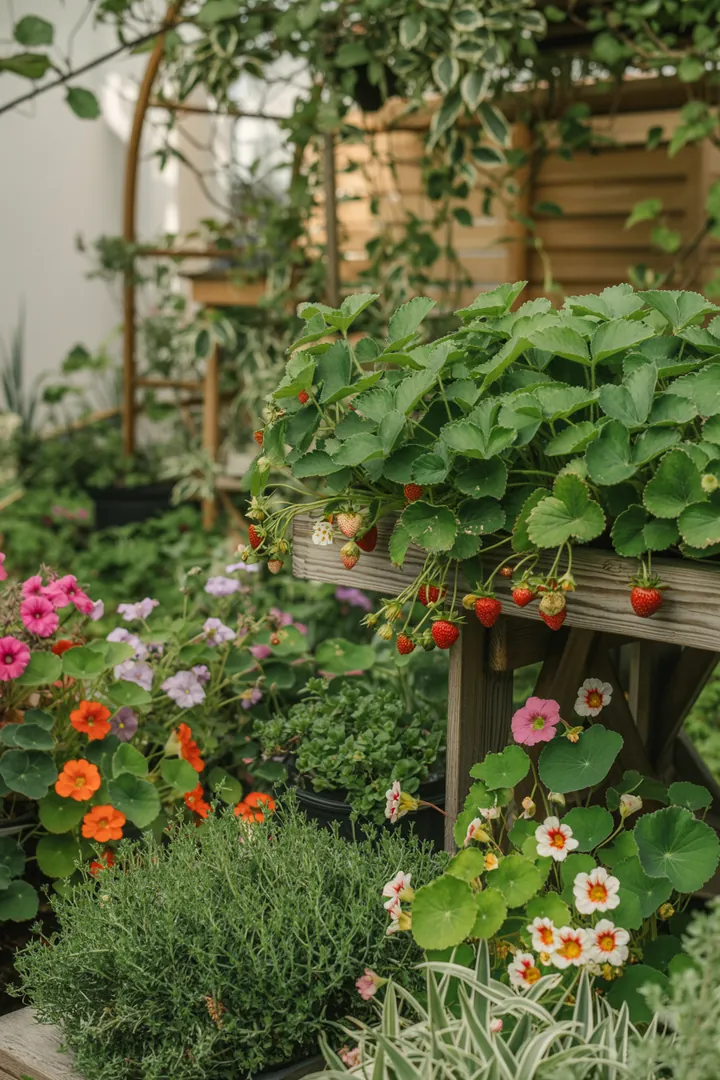 Bunte Gartenkomposition mit aromatischen Pflanzen wie Erdbeeren, Kapuzinerkresse und Thymian, umgeben von blühenden Petunien und dekorativem Sedum auf frischer Pflanzerde und darunterliegendem Pflanzvlies.