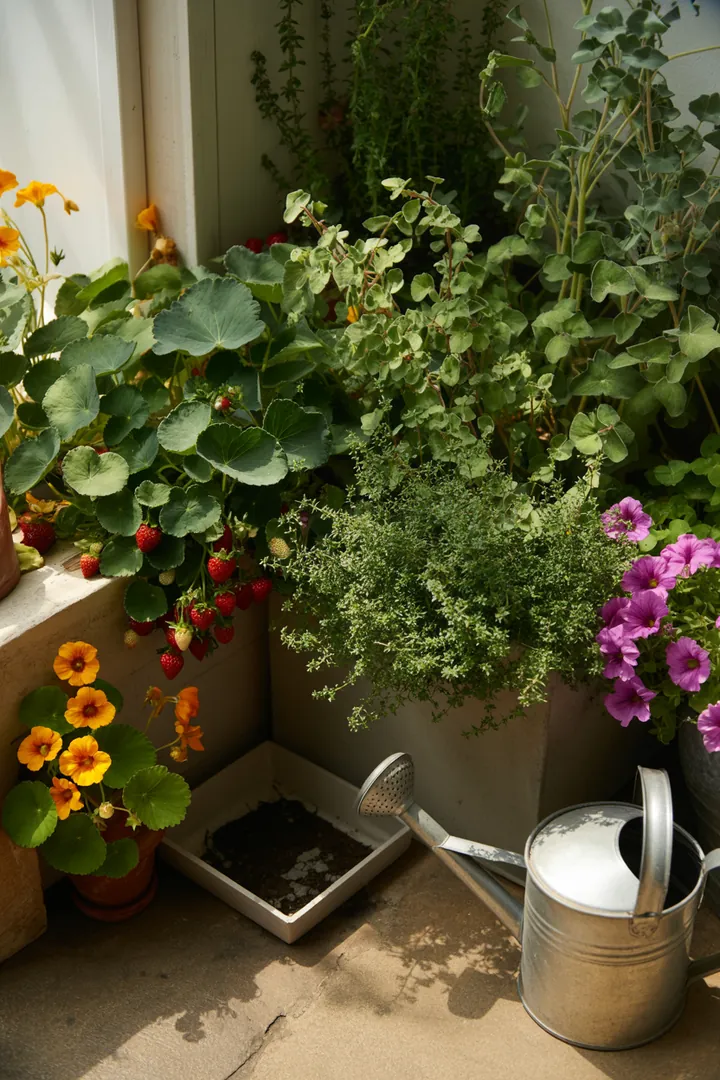 Bunte Gartenlandschaft mit verschiedenen Pflanzen wie saftigen Erdbeeren, leuchtender Kapuzinerkresse und duftendem Thymian, umgeben von Sedum und Petunien, ideal für fruchtbare Pflanzerde und Pflanzvlies.