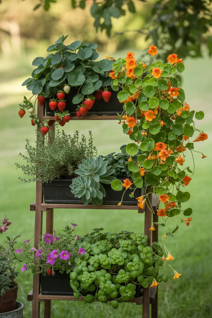 Bunte Gartenlandschaft mit frischen Früchten, essbaren Blüten und vielfältigen Kräutern, umgeben von nährstoffreicher Erde und schützenden Materialien.