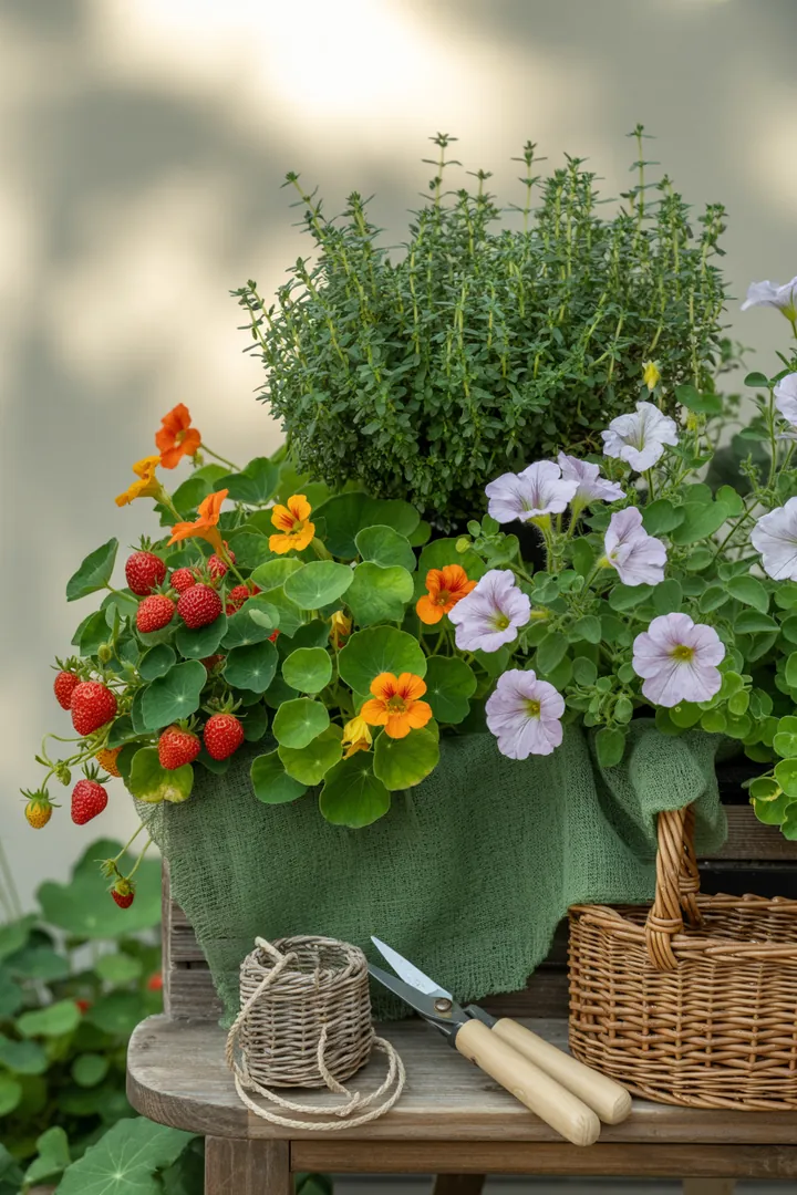 Bunte Gartenlandschaft mit Erdbeeren, Kapuzinerkresse, Thymian und Petunien, umgeben von Sedum, auf Pflanzvlies und frischer Pflanzerde.