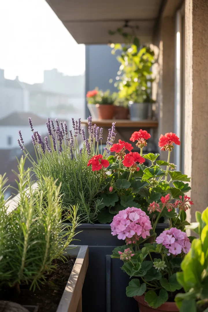 Bunte Auswahl an blühenden Pflanzen in Kübeln, darunter Fuchsien, Geranien und Hortensien, ergänzt durch duftenden Rosmarin und Lavendel. Ideal für jeden Garten.