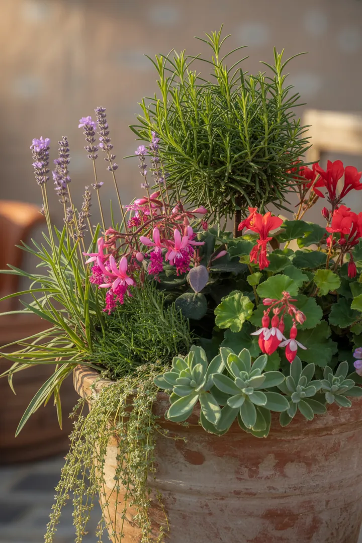 Bunte Pflanzenschau mit blühenden Geranien, duftendem Lavendel, leuchtenden Fuchsien und üppigen Hortensien in stilvollen Blumenkästen und Pflanzkübeln, ergänzt durch frischen Rosmarin.
