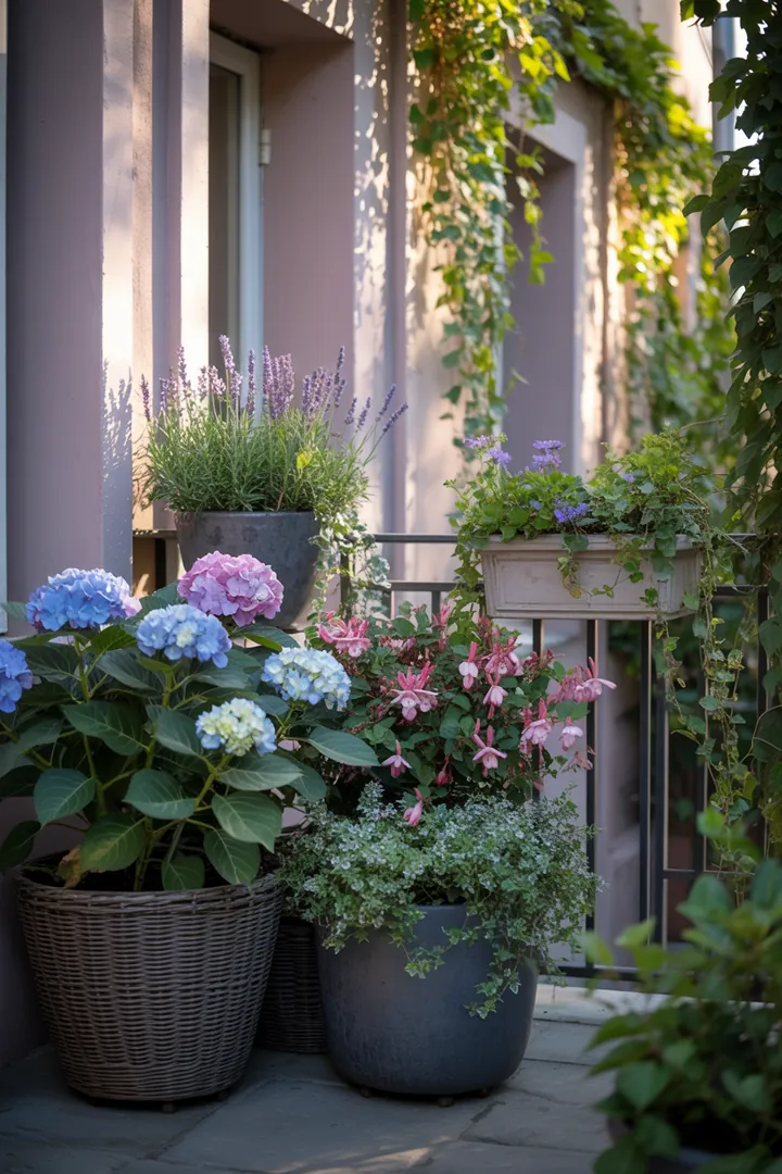 Bunt bepflanzte Gefäße mit verschiedenen Pflanzenarten wie zarten Blüten und duftenden Kräutern, ideal für einen blühenden Garten.
