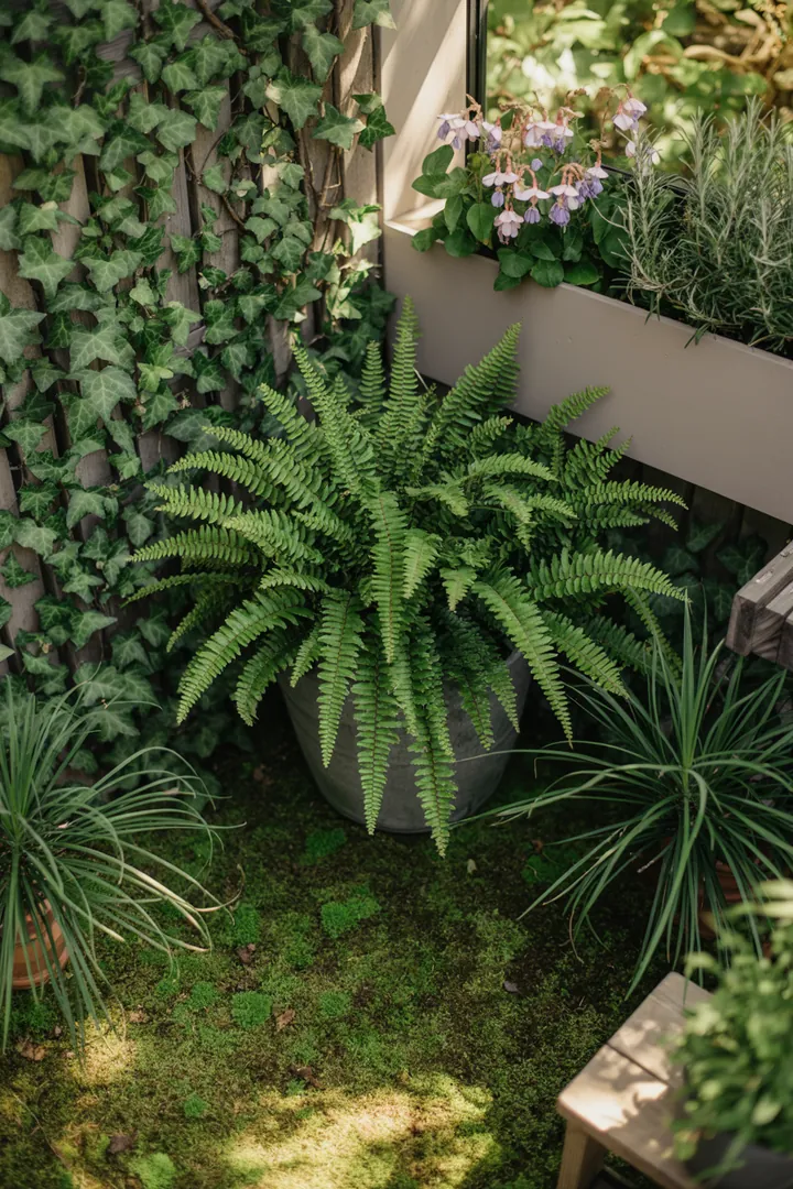 Bunt blühende Pflanzen in stilvollen Kübeln, darunter zarte Fuchsien, duftender Lavendel, leuchtende Geranien und üppige Hortensien, umrahmt von aromatischem Rosmarin.