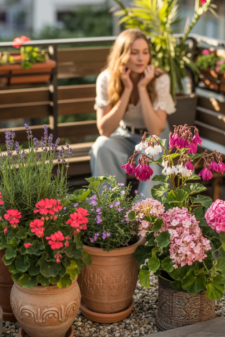 Bunte Pflanzenanordnung in Töpfen: leuchtende Blüten von Fuchsie, Geranie und Hortensie, umgeben von duftendem Rosmarin und Lavendel.