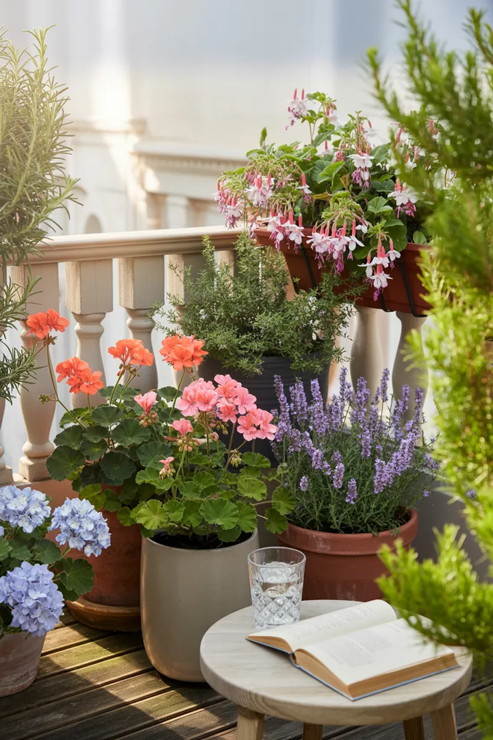 Bunt blühende Pflanzenarrangements in dekorativen Kübeln, darunter duftender Rosmarin, leuchtende Fuchsien und zarte Hortensien, umgeben von Geranien und Lavendel in stilvollen Blumenkästen.
