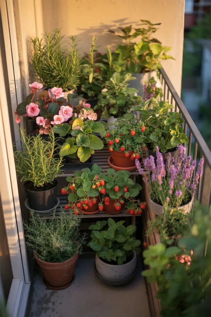 Buntes Pflanzenregal mit Sukkulenten, Kräutern und einer Begonie, umgeben von Erdbeeren und Lavendel in dekorativen Pflanztöpfen.