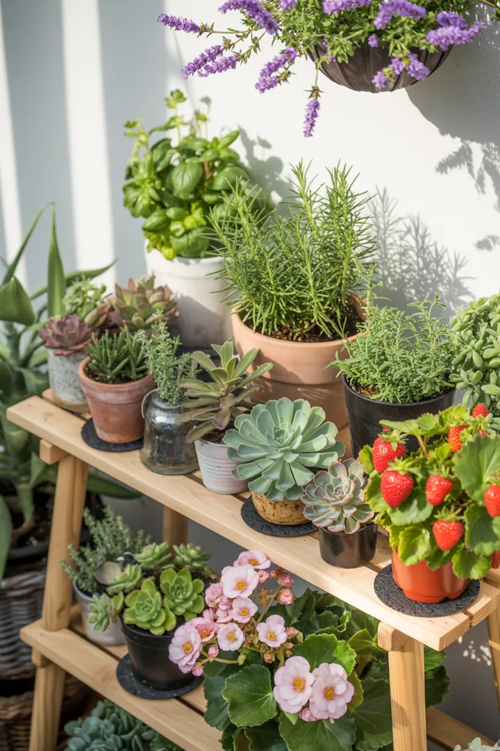Bunte Pflanzenanordnung mit verschiedenen Sukkulenten, Kräutern und einer Begonie auf einem stilvollen Regal mit dekorativen Pflanztöpfen und frischen Erdbeeren und Lavendel.