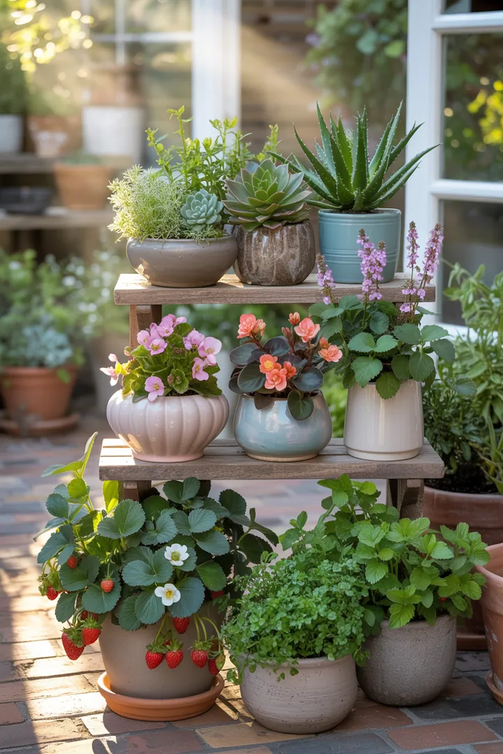 Buntes Pflanzenregal mit verschiedenen Arten von Sukkulenten, Kräutern, Begonien und Erdbeeren, umgeben von dekorativen Pflanztöpfen und duftendem Lavendel.