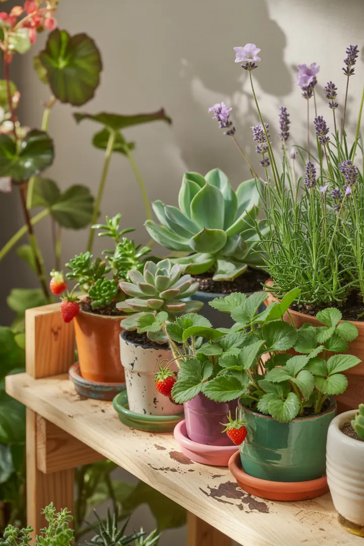 Ein stilvolles Pflanzenregal zeigt eine Vielzahl von Pflanzen, darunter Sukkulenten, Kräuter und eine blühende Begonie, umgeben von bunten Pflanztöpfen mit Erdbeeren und duftendem Lavendel.