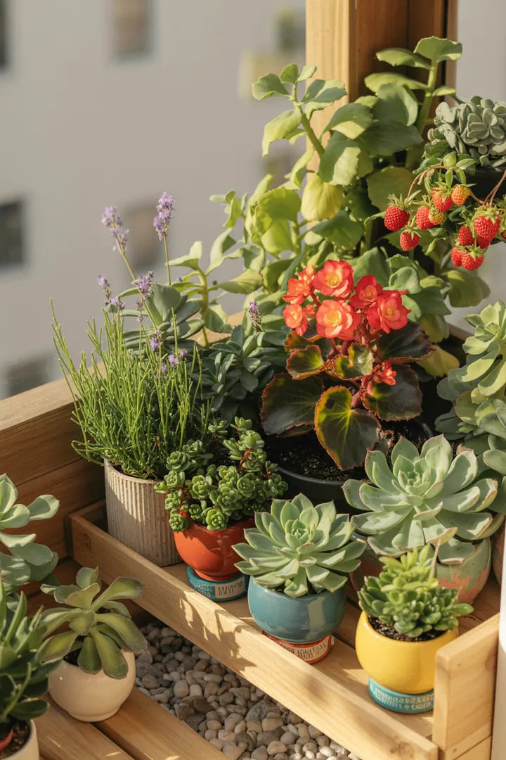 Buntes Pflanzenregal mit verschiedenen Pflanztöpfen, darunter lebendige Sukkulenten, frische Kräuter, eine blühende Begonie, reife Erdbeeren und duftender Lavendel.