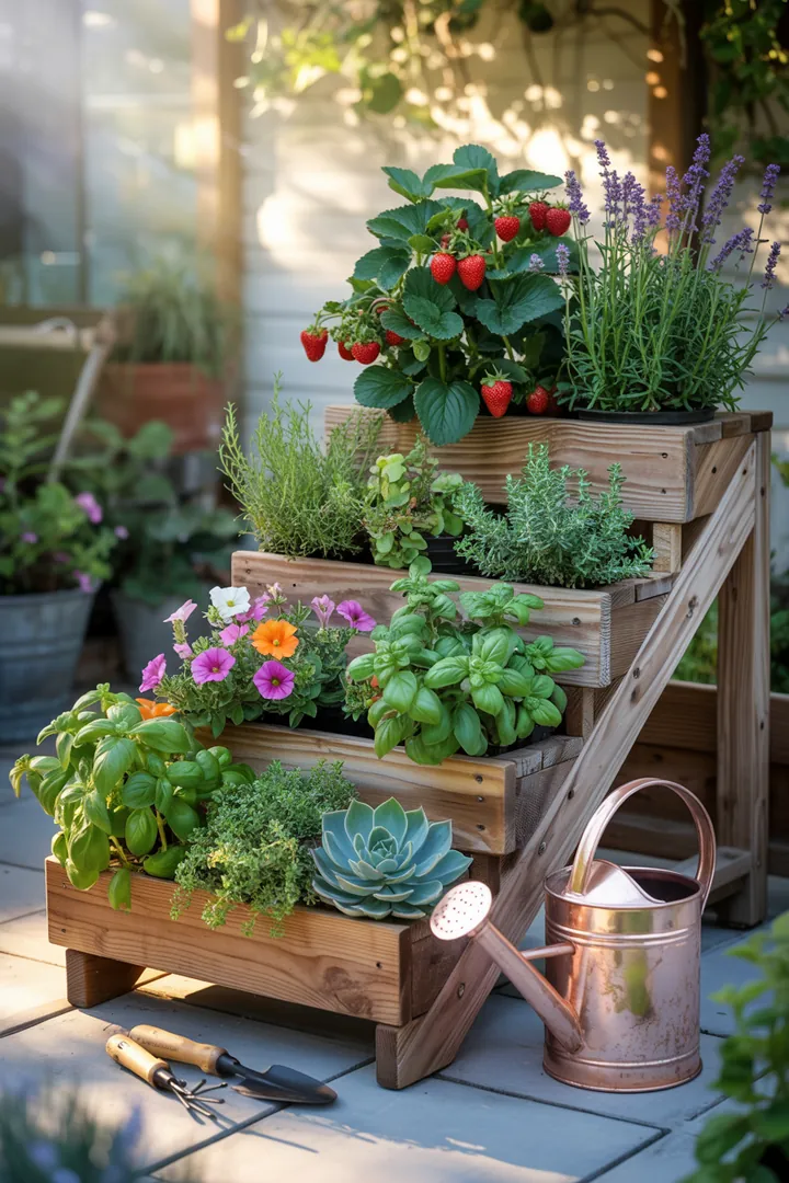 Bunte Pflanzentreppe mit verschiedenen Kräutern, leuchtenden Erdbeeren, zarten Petunien, dekorativen Sukkulenten und duftendem Lavendel in charmanten Töpfen.