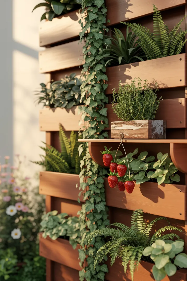 Bunte Vertikale Gartenlandschaft mit lebendigem Efeu, üppigen Farnen, saftigen Sukkulenten, reifen Erdbeeren und duftendem Thymian in einem innovativen Pflanzwand-Modul mit integriertem Bewässerungsset.