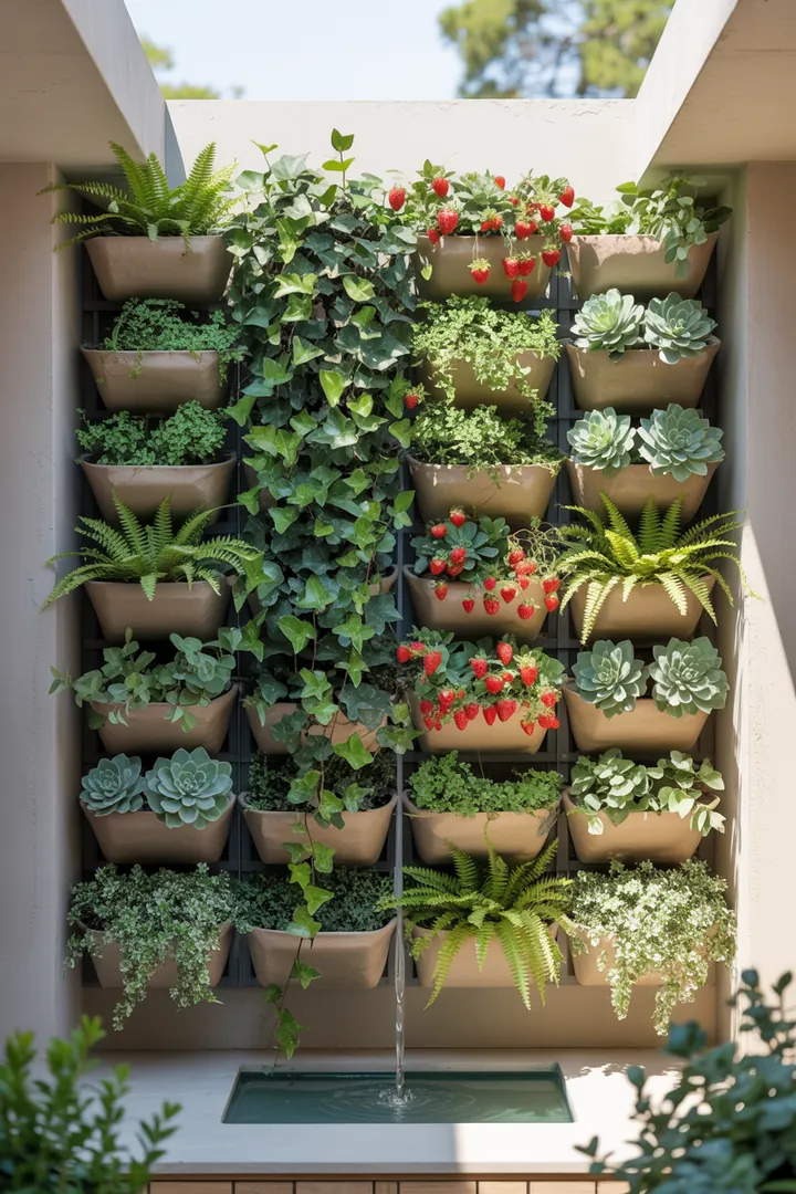 Grüne Wandgestaltung mit Efeu, Farn, Sukkulenten, Erdbeeren und Thymian in einem innovativen Pflanzwand-Modul mit integriertem Bewässerungsset.