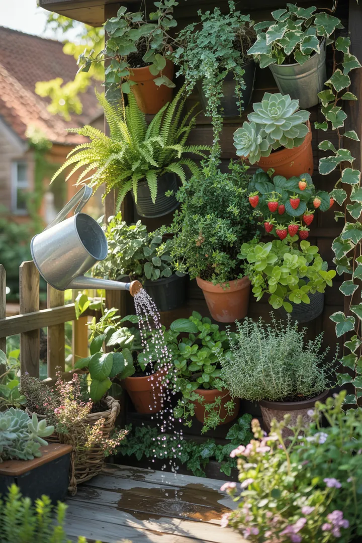 Grüne Wand mit verschiedenen Pflanzen wie Efeu, Farn und Sukkulenten, ergänzt durch Erdbeeren und Thymian, ideal für vertikale Gartenprojekte und Bewässerungslösungen.