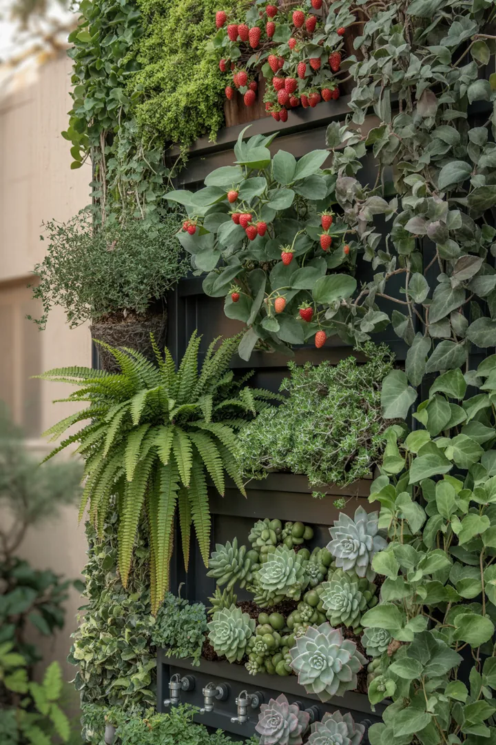Grüne Pflanzenvielfalt in einem vertikalen Garten, darunter Efeu, Farn, Sukkulenten, Erdbeeren und Thymian, perfekt für nachhaltige Bewässerung.