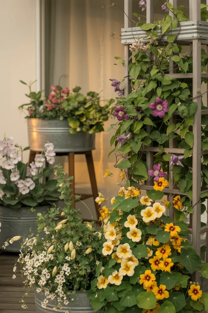 Bunte Kletterpflanzen wie Clematis und Duftwicke umschlingen ein dekoratives Rankgitter, während Kapuzinerkresse und Schwarzäugige Susanne in einem Pflanzkübel blühen, ergänzt durch Geißblatt.