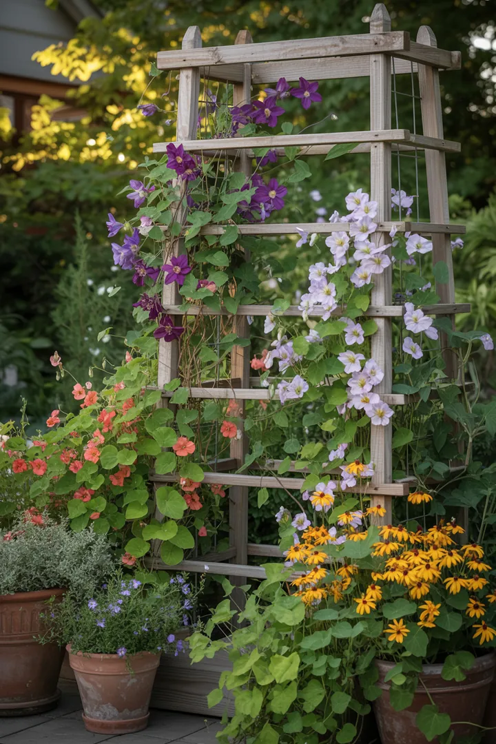 Bunte Kletterpflanzen, darunter duftende Sorten und leuchtende Blüten, wachsen an einem Rankgitter in einem stilvollen Pflanzkübel.