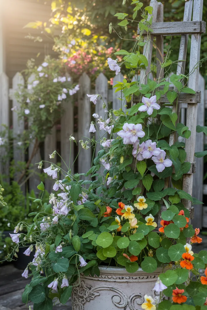 Bunte Kletterpflanzen wie Clematis, Duftwicke und Kapuzinerkresse wachsen üppig an einem Rankgitter, während Schwarzäugige Susanne und Geißblatt in einem dekorativen Pflanzkübel blühen.