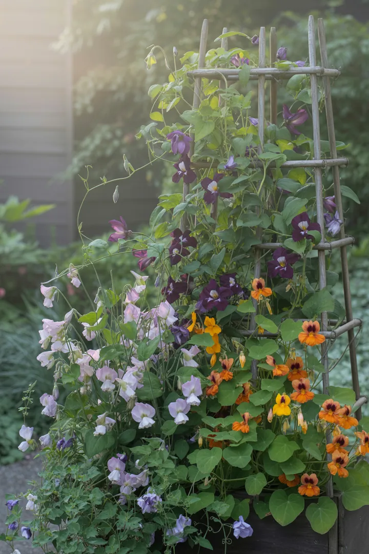 Bunt blühende Pflanzen wie Clematis und Duftwicke ranken an einem dekorativen Gitter, während Kapuzinerkresse und Schwarzäugige Susanne in einem Pflanzkübel wachsen, umgeben von duftendem Geißblatt.