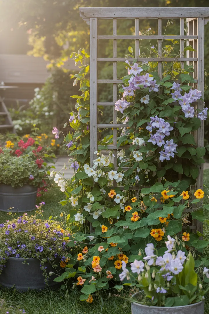 Bunt blühende Kletterpflanzen wie Clematis und Duftwicke wachsen an einem Rankgitter, während Kapuzinerkresse und Schwarzäugige Susanne in einem Pflanzkübel gedeihen, umgeben von Geißblatt.