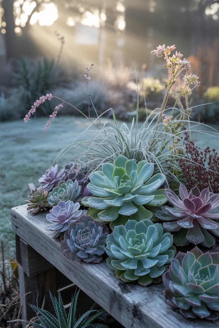 Bunte Sukkulentenvielfalt in einem Steingarten, darunter robuste, pflegeleichte Pflanzen mit unterschiedlichen Blattformen und Texturen, ideal für sonnige, trockene Standorte.