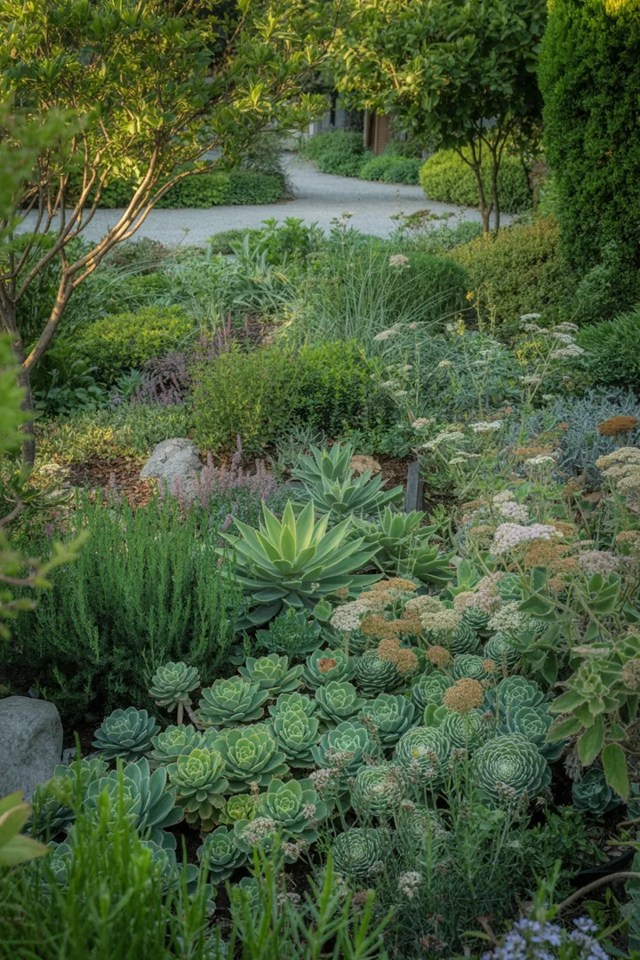 Bunt gemischte Sukkulenten mit unterschiedlichen Formen und Farben, darunter robuste Arten und pflegeleichte Bodendecker, ideal für trockene Gärten oder Steingärten.