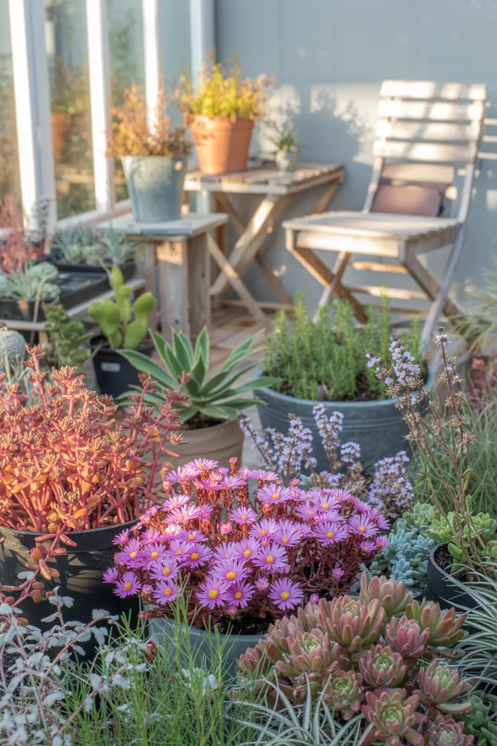 Bunte Vielfalt von Sukkulenten und Pflanzen mit unterschiedlichen Formen und Texturen, ideal für Gartenliebhaber und pflegeleichte Landschaftsgestaltung.