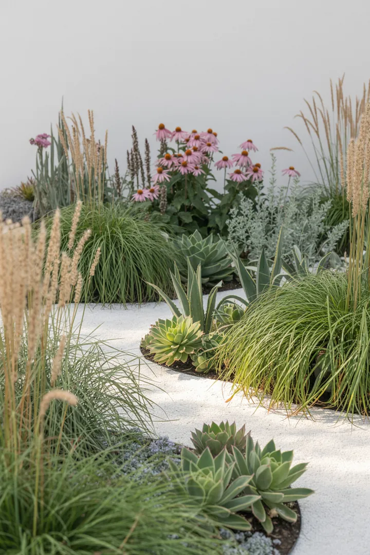 Bunte, vielfältige Sukkulenten in einem dekorativen Arrangement, darunter robuste Pflanzen mit interessanten Blattformen und Farben, die ideal für trockene Gärten sind.