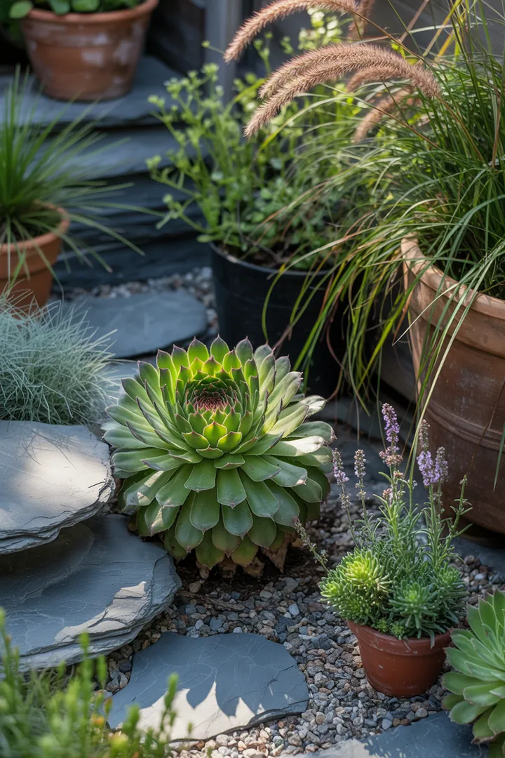 Buntes Arrangement von verschiedenen Sukkulenten und Pflanzen, die Trockenheit lieben, darunter klassische Hauswurz-Varianten und robuste Mauerpfeffer, ideal für pflegeleichte Gärten.