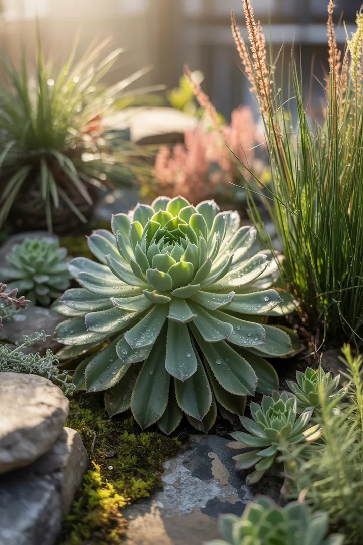Bunte Sukkulenten und robuste Pflanzen in einem gepflegten Steingarten, ideal für trockene Standorte und pflegeleichte Gestaltung.