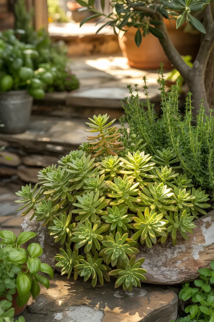 Vielfältige Sukkulenten in einem Gartenarrangement, darunter klassische und robuste Sorten sowie pflegeleichte, winterharte Pflanzen mit einzigartigen Blattstrukturen und lebendigen Farben.