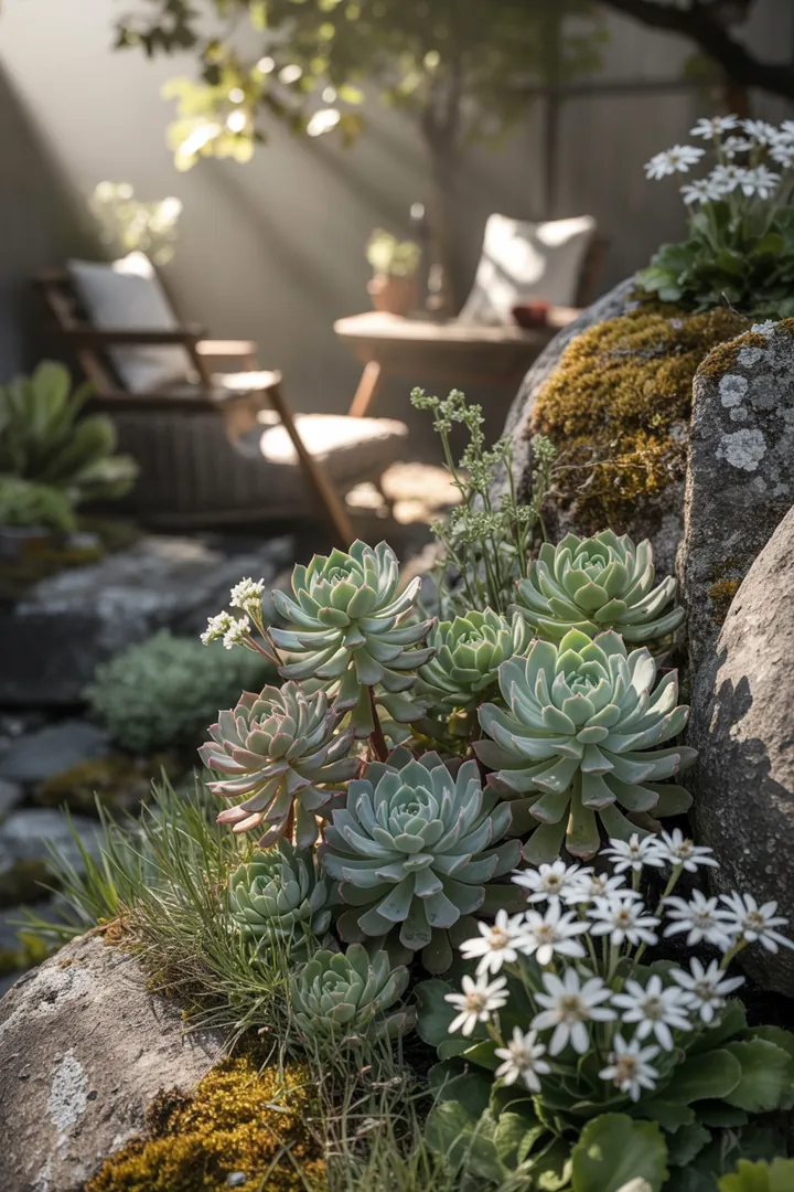 Buntes Arrangement von Sukkulenten in verschiedenen Texturen und Farben, darunter pflegeleichte Pflanzenarten, die ideal für Steingärten und trockene Standorte sind.